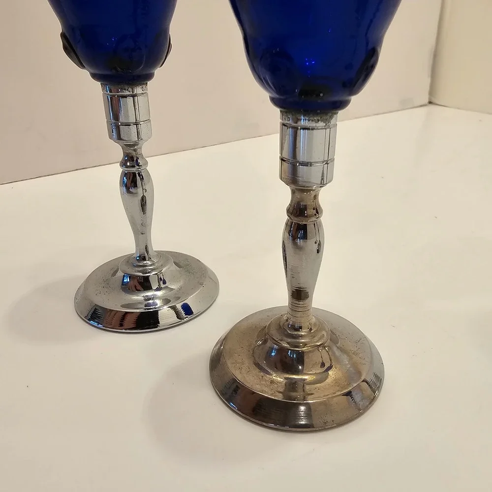 Vintage Cobalt Blue Glass Cordial Shot Glasses Silver Tone Stem Set of 6 MCM